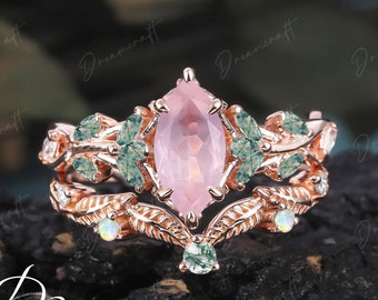 Vintage Marquse-Schliff-Rosenquarz-Verlobungsring-Sets, von der Natur inspirierter Cluster-Versprechensring, Roségold-Art-Deco-Blatt-Rosa-Edelstein-Ast-Ring