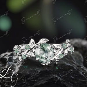 Natural Moss Agate Engagement Ring Art Deco Leaf  Round Cut White Gold Nature Inspired Cluster Promise Ring Bridal Ring Jewelry Gift For Her