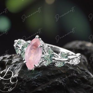 Vintage Marquse Cut Rose Quartz Engagement Ring Nature Inspired Cluster Promise Ring White Gold Art Deco Leaf Pink Gemstone Branch Ring