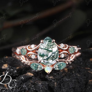 Art Deco Ring Rose Gold Pear Moss Agate Engagement Ring Sets Nature Inspired Cluster Promise Ring Green Gemstone Branch Bridal Set Jewelry