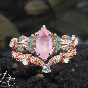 Vintage Marquse Cut Rose Quartz Engagement Ring Sets Nature Inspired Cluster Promise Ring Rose Gold Art Deco Leaf Pink Gemstone Branch Ring