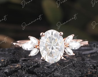 Oval Moissanite Engagement Ring Vintage Moissanite Diamond Ring Rose Gold Engagement Ring Unique Wedding Ring Bridal Ring Promise Ring