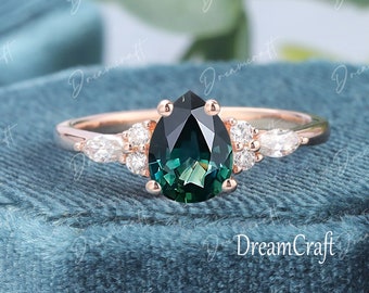 Vintage teal sapphire engagement ring Unique Pear Shape Rose gold ring Marquise Cut Diamond cluster ring Art deco Promise Anniversary ring