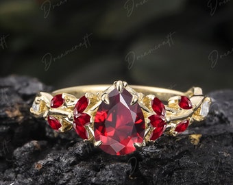 Vintage Pear Shaped Ruby Engagement Ring Promise Ring  Gold Art Deco Leaf Gemstone Branch Nature Inspired July Birthstone Cluster Ring