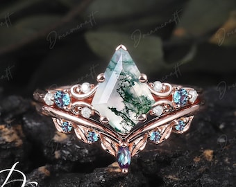 Art Deco Ring Rose Gold Kite Cut Moss Agate Engagement Ring Set Nature Inspired Cluster Promise Ring Green Gemstone Branch Bridal Jewelry