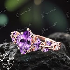 Vintage Marquise Cut Amethyst Engagement Ring Unique Cluster Promise Ring For Her  Gold Art Deco Leaf  Gemstone Branch Nature Inspired Ring