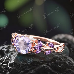 Vintage Lavender Amethyst Engagement Ring Unique Cluster Promise Ring For Her Solid Gold Art Deco Leaf  Gemstone Branch Nature Inspired Ring