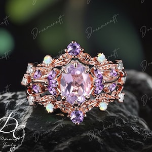 3PCS Vintage Oval lavender Amethyst Engagement Ring Sets Nature Inspired Cluster Promise Ring Brithstone Rose Gold Art Deco Leaf Branch Ring