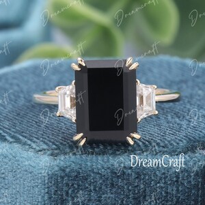 Black Onyx engagement ring 4CT Emerald cut vintage moissanite 14k yellow gold 3 stone engagement ring Bridal ring anniversary gift for women