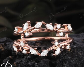 Enhancer Wedding Band Rose Gold Double Wedding Matching Band Vintage Marquise Diamond Stacking Bridal Wedding Anniversary Ring Promise Ring
