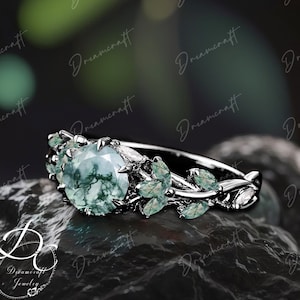 Gothic Black Gold Round Cut Moss Aagate Engagement Ring Nature Inspired Cluster Promise Ring  Art Deco Leaf Gemstone Branch Bridal Ring