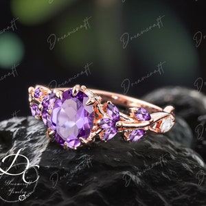 Vintage Oval Natural Amethyst Engagement Ring Unique Cluster Promise Ring For Her  Gold Art Deco Leaf  Gemstone Branch Nature Inspired Ring