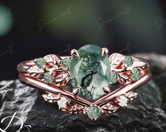 Art Deco Leaf  Rose Gold  Moss Agate Engagement Ring Sets Nature Inspired Cluster Promise Ring Green Gemstone Branch Bridal Set Jewelry
