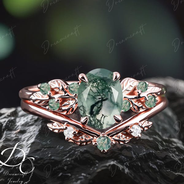 Art Deco Leaf  Rose Gold  Moss Agate Engagement Ring Sets Nature Inspired Cluster Promise Ring Green Gemstone Branch Bridal Set Jewelry
