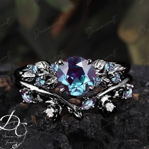 Gothic Black Gold Alexandrite Engagement Ring Sets Nature Inspired Cluster Promise Ring Art Deco Leaf Gemstone Branch Bridal Set Jewelry