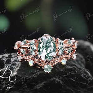 Vintage Oval Moss Agate Engagement Ring Sets Nature Inspired Cluster Promise Ring For Her Rose Gold Art Deco Leaf Green Gemstone Branch