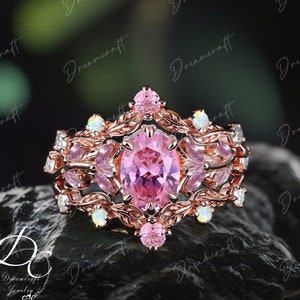 3PCS Vintage Oval Pink Sapphire Engagement Ring Sets Nature Inspired Cluster Promise Ring Rose Gold Art Deco Leaf  Pink Gemstone Branch Ring