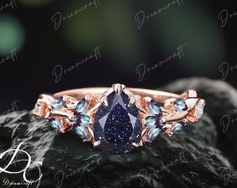 Vintage Pear Blue Sandstone Engagement Ring Nature Inspired Cluster Promise Ring Rose Gold Art Deco Leaf Women Gemstone Branch Bridal Ring