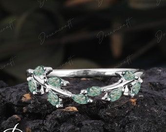 Leaf Moss agate wedding band white gold Vintage Round cut Opal curved matching band Leaf Stacking Bridal ring Promise Anniversary ring