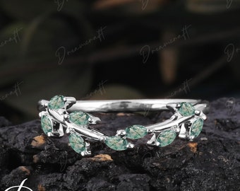 Leaf Moss ágata alianza de boda oro blanco Vintage corte redondo Ópalo curvado banda a juego Leaf Stacking Bridal ring Promise Anniversary ring