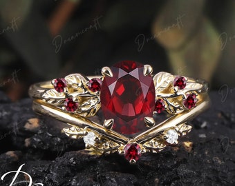 Art Deco Leaf Yellow Gold Natural Garnet Engagement Ring Sets Nature Inspired Cluster Promise Ring Red Gemstone Branch Bridal Set Jewelry