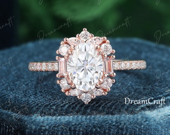 Vintage moissanite engagement ring oval cut 1.5ct moissanite wedding ring rose gold unique diamond anniversary ring bridal ring for women