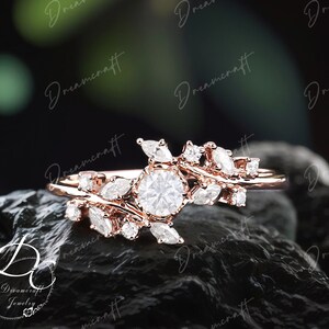 Diamond / Moissanite Engagement Ring Rose gold vintage engagement ring Cluster ring unique leaf wedding Bridal ring Promise Anniversary Gift