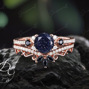 Blue Sandstone Engagement Ring Sets Cluster Promise Ring For Her Art Deco Ring Rose Gold Gemstone Wedding Bridal Set Jewelry Gift For Women