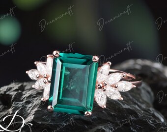 4ct Emerald engagement ring green emerald cut vintage engagement ring unique Cluster 14K gold Marquise diamond / moissanite wedding ring