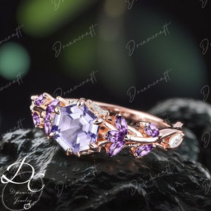 Vintage Hexagon Cut Lavender Amethyst Engagement Ring Cluster Promise Ring For Her  Rose Gold Art Deco Leaf Nature Inspired Jewelry Gifts