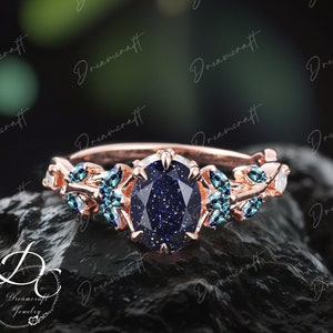 Vintage Oval Blue Sandstone Engagement Ring Nature Inspired Cluster Promise Ring Rose Gold Art Deco Leaf Women Gemstone Branch Bridal Ring