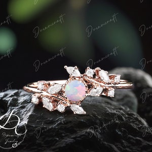 Anillo de compromiso de ópalo Anillo de compromiso de oro rosa Anillo de racimo de diamantes Único para mujer Delicado conjunto de boda de hoja Anillo de aniversario de promesa