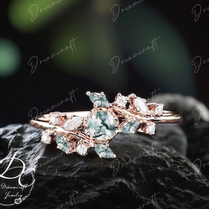Vintage moss agate engagement ring rose gold leaf Nature inspired branches Twig marquise gemstone green wedding women anniversary ring gift