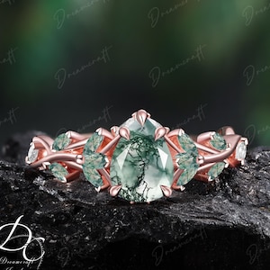 Vintage Moss Agate Engagement Ring Unique Promise Ring For Her Rose Gold Art Deco Leaf Pear Gemstone Branch Nature Inspired Cluster Ring
