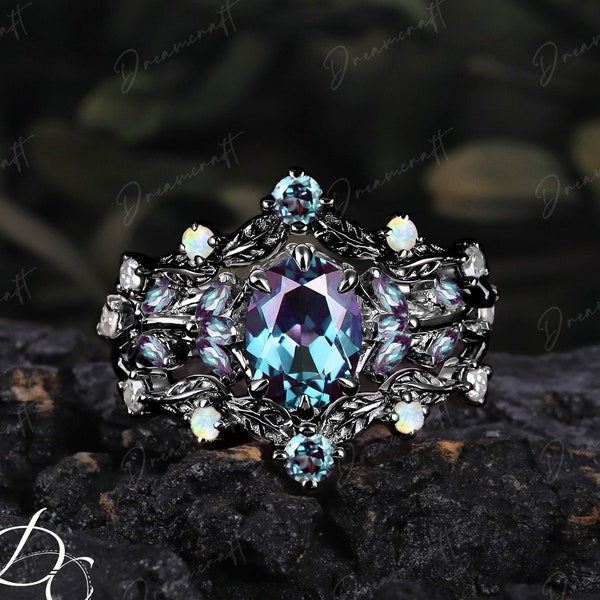 3PCS Gothic Black Gold Oval Alexandrite Engagement Ring Sets Nature Inspired Cluster Promise Ring  Art Deco Leaf Gemstone Branch Bridal Set