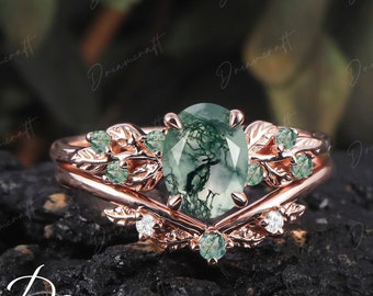 Conjunto de anillos de compromiso de ágata de musgo de oro rosa con hoja Art Déco, anillo de promesa de racimo inspirado en la naturaleza, rama de piedras preciosas verdes, conjunto nupcial, joyería