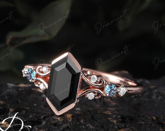 Art Deco Ring Rose Gold Hexagon Cut Black Onyx Verlovingsring Natuur Geïnspireerd Cluster Promise Ring Groene Edelsteen Tak Bruidssieraden