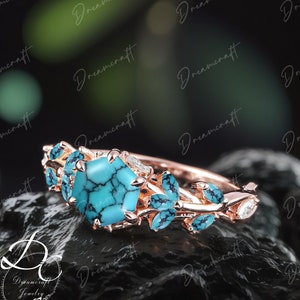 Anillo de compromiso vintage con turquesa de corte hexagonal, anillo de compromiso inspirado en la naturaleza con hojas, anillo de oro rosa con forma de rama Art Deco, regalo de Navidad