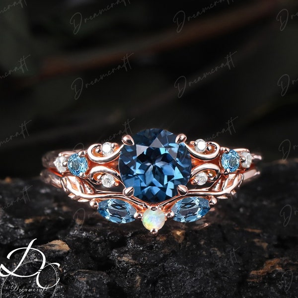Art Deco Ring Rose Gold Round London Blue Topaz Engagement Ring Sets Cluster Promise Ring Blue Gemstone Vintage Bridal Set Jewelry For Her