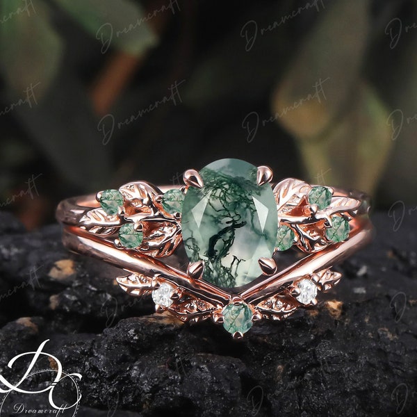 Art Deco Leaf  Rose Gold  Moss Agate Engagement Ring Sets Nature Inspired Cluster Promise Ring Green Gemstone Branch Bridal Set Jewelry