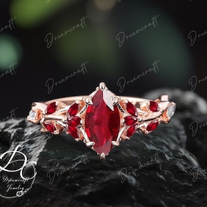 Vintage Marquise Cut Rubin Verlobungsring Versprechen Ring Gold Art Deco Blatt Edelstein Zweig Natur Juli Birthstone Cluster Ring
