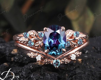 Art Deco Leaf  Rose Gold Alexandrite Engagement Ring Sets Nature Inspired Cluster Promise Ring Green Gemstone Branch Bridal Set Jewelry Gift