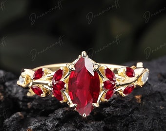 Vintage Marquise Cut Ruby Engagement Ring Promise Ring  Gold Art Deco Leaf Gemstone Branch Nature Inspired July Birthstone Cluster Ring