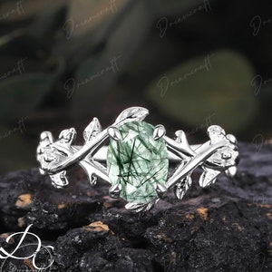 Vintage Leaf Green rutilated quartz Engagement Ring Women Nature Inspired twig Promise Ring White Gold Art Deco Gemstone twist Bridal Ring