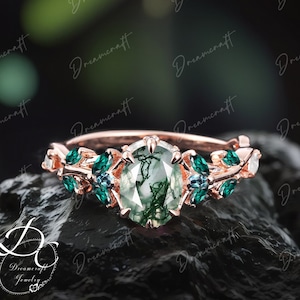 Vintage  Oval Cut Moss Agate Engagement Ring Unique Promise Ring For Her Rose Gold Art Deco Leaf Green Branch Nature Inspired Cluster Ring