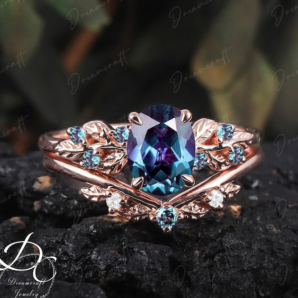 Art Deco blad Rose goud Alexandrite verlovingsring sets natuur geïnspireerd cluster belofte ring groene edelsteen tak bruids set sieraden cadeau