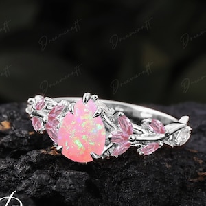 Vintage Pear Pink Opal Engagement Ring Unique Cluster Promise Ring White Gold Art Deco Leaf Gemstone Branch Nature Inspired Anniversary Ring