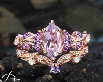 Vintage Marquise Cut Lavendel Amethist Verlovingsring Sets Blad Natuur Geïnspireerd Cluster Promise Ring Rose Gold Art Deco Tak Ring Geschenken