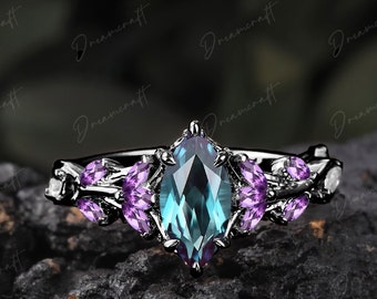 Gothic Black Gold Marquise Cut Alexandrite Engagement Ring Nature Inspired Cluster Promise Ring  Art Deco Leaf Gemstone Branch Bridal Ring