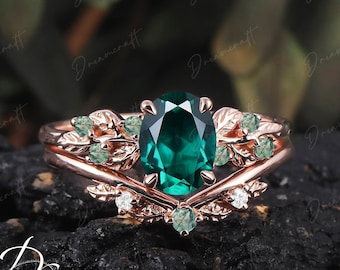 Art Deco Leaf  Rose Gold Emerald Engagement Ring Sets Nature Inspired Cluster Promise Ring Green Gemstone Branch Bridal Set Jewelry Gifts